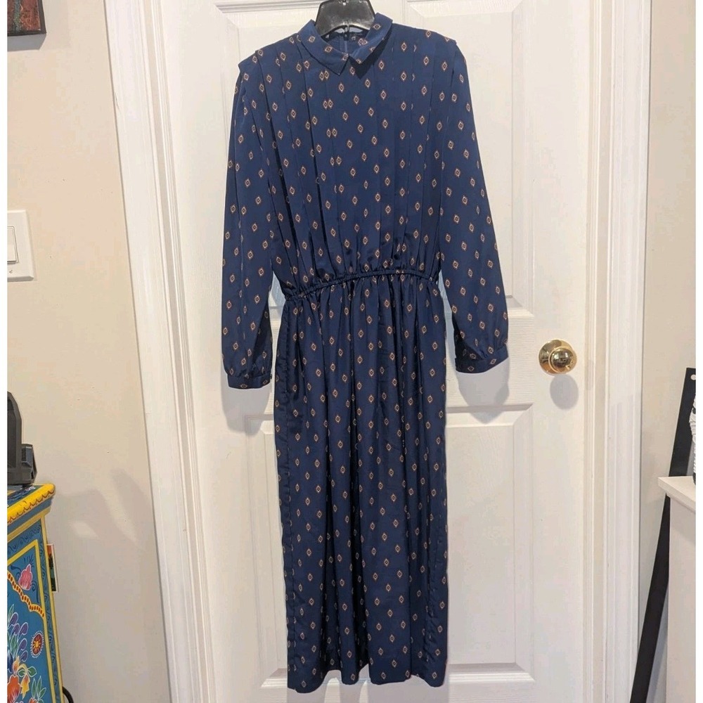 Vintage 90s Dark Academia Geometric Print Midi Dress Navy Jos A Bank Size 10